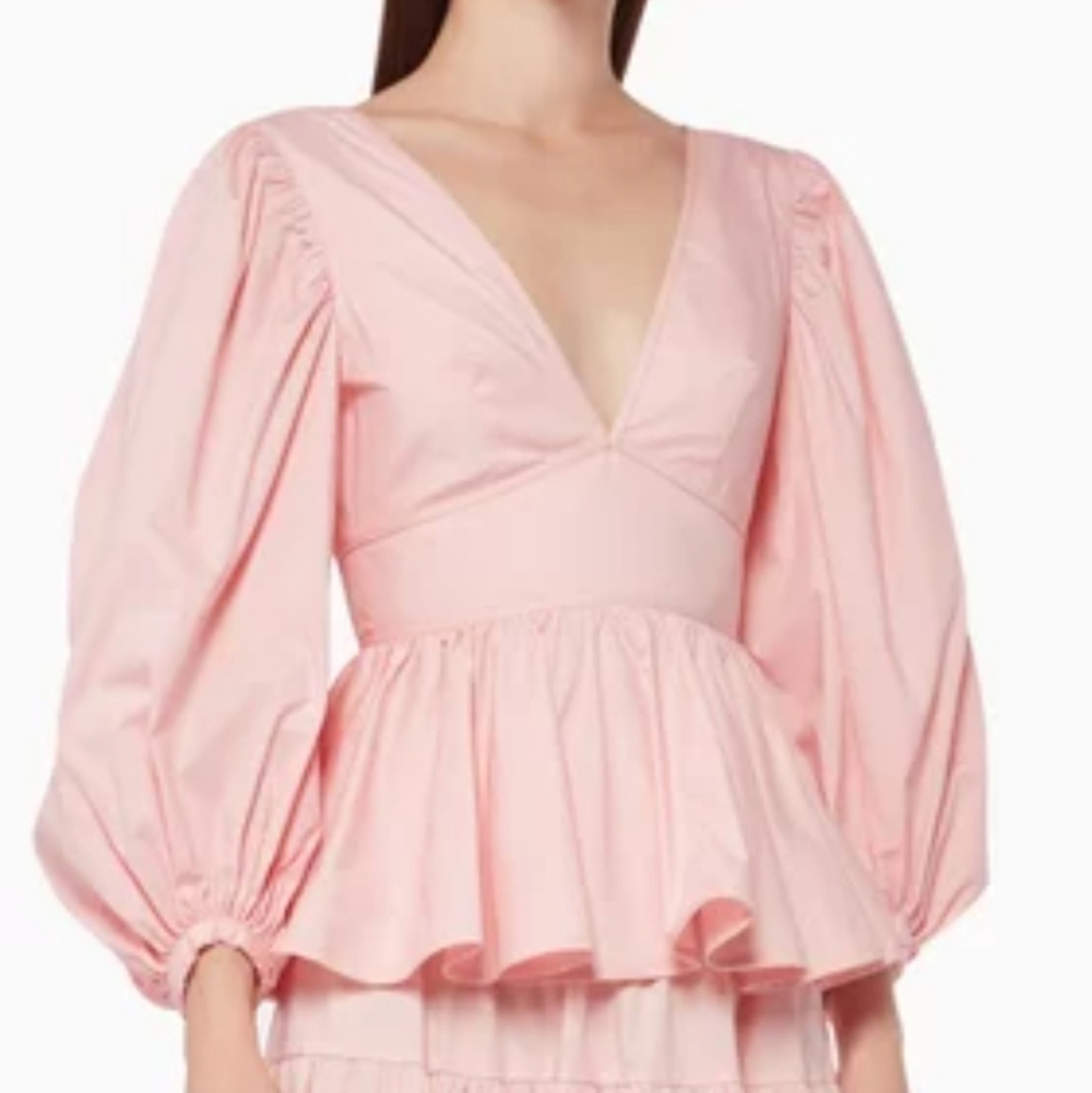 STAUD Luna Pink V-Neck Blouse Puff Sleeve